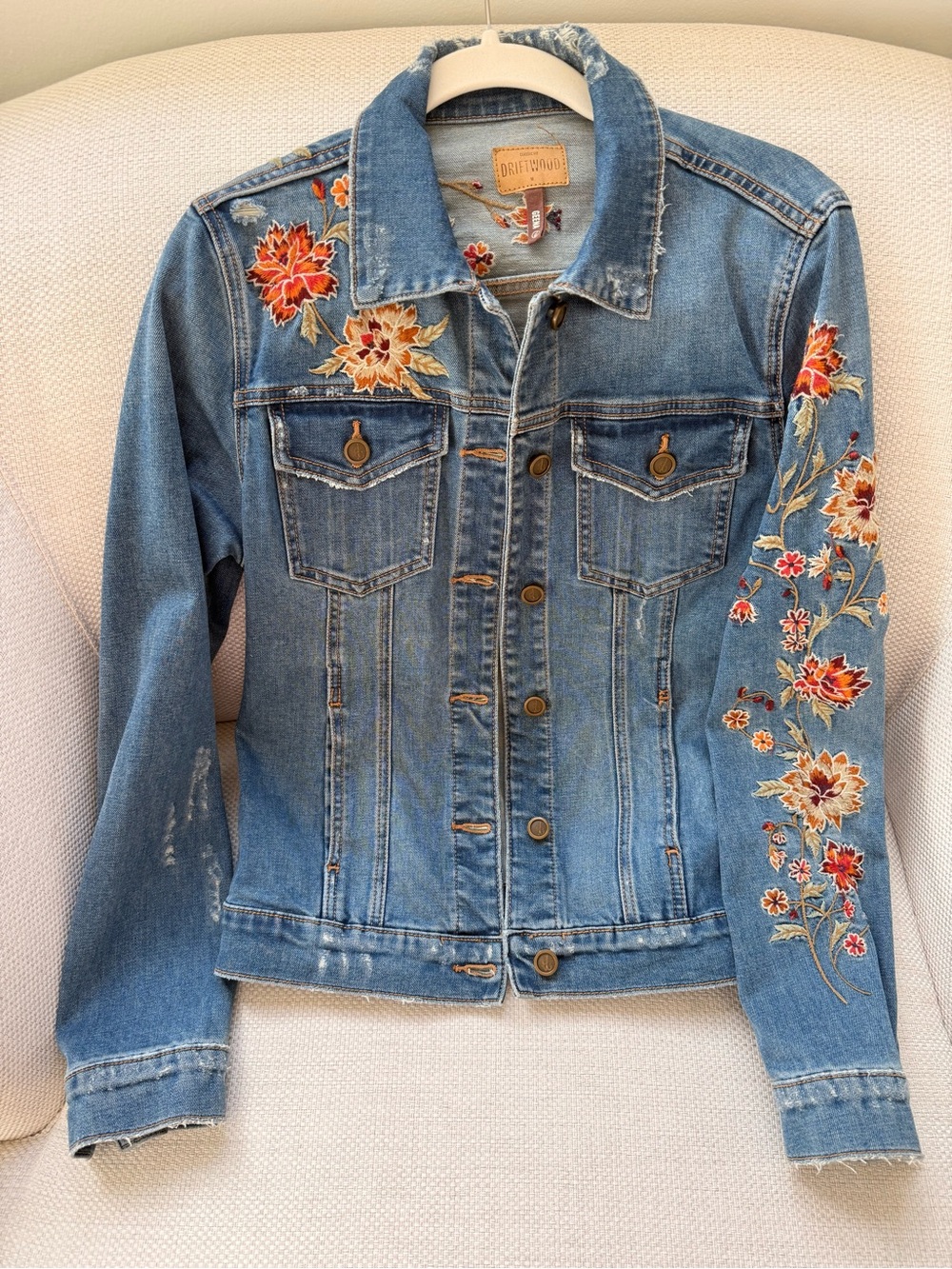 DRIFTWOOD Light Blue Denim Jacket with Orange Floral Embroidery